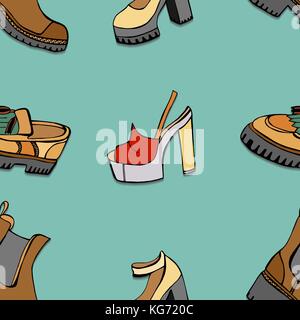 Vektor nahtlose Muster mit Schuhen von Skizzen von Hand mit einem Bild der verschiedenen Schuhen auf einem Hintergrund Stock Vektor