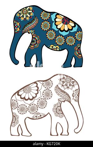 Satz von Hand gezeichnet stilisierter Elefant mit dekorativen Tribal ethnische Verzierung. Grafiken für T-Shirts, Poster, isolierte Element für die Einladung oder Karte desi Stock Vektor