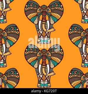 Afrikanische nahtlose Muster mit Elefanten auf orangefarbenem Hintergrund und nahtlose Muster in swatch Menü, Vector Illustration Stock Vektor