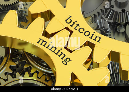 Bitcoin Mining-Konzept auf den Zahnrädern, 3D-Rendering Stockfoto