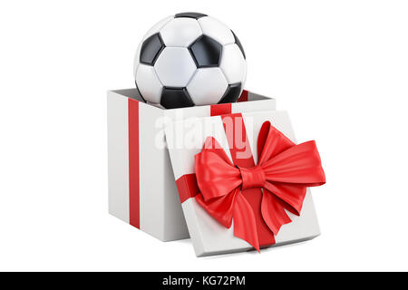 Geschenk Konzept, Fußball in Geschenkbox. 3D-Rendering Stockfoto