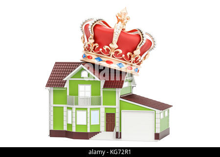 Haus mit Golden Crown, 3D-Rendering auf weißem Hintergrund Stockfoto