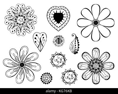 Satz von sketchy monochrome doodle Blumen und Blätter. Vector Illustration Stock Vektor