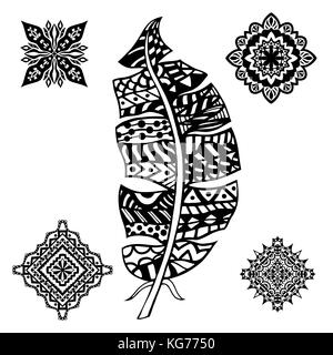 Feder und Mandalas auf weißem Hintergrund. vintage, Tribal, künstlerisch, Kunst, stilisierte Feder. Skizze von Trace. Muster für das Malbuch. Stock Vektor
