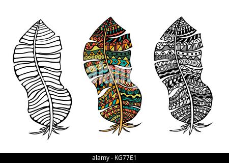 Kunst stilisierte tribal Farb- und Schwarzweiß-Federn für Färbung Seite. nach Anti-stress Kunsttherapie. Stock Vektor