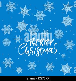 Frohe Weihnachten handgeschriebene Schrift Design auf blauem Hintergrund. Vector Illustration. weiße Schneeflocken winter Muster. Eps 10. Stock Vektor