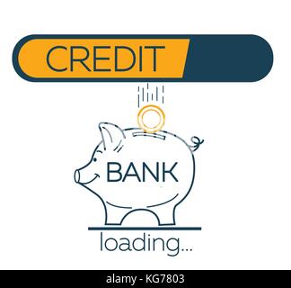 Konzept der Rückzahlung eines Darlehens bei einer Bank in Form einer Last Band und herabfallenden Münzen in ein Sparschwein. Symbol, Silhouette in der linearen Stil Stock Vektor