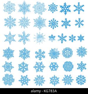 Große Schneeflocken. Holiday Collection. blau Schneeflocken Sammlung auf weißem Hintergrund. Vector Illustration. Stock Vektor