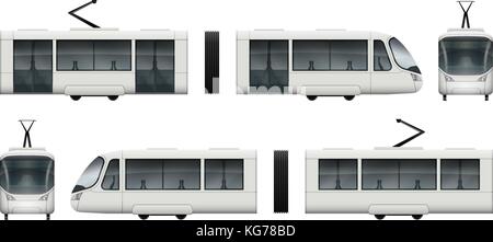 Vektor Straßenbahn zug Vorlage für Werbung, Corporate Identity. weißen Straßenbahn Abbildung. Fahrzeug Branding mockup. Schichten und Gruppen gut organisiert. Stock Vektor