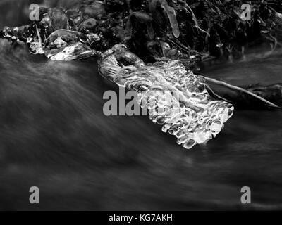 Eiszapfen hängen an Zweigen und eisigen Rinde über Chili rapid Stream. winter Mountain Stream, lange dünne Eiszapfen an gefallenen Stamm hängen. Stockfoto