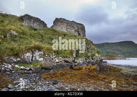 Historischen Ruinen von strome Schloss an der North Strome. von Burg Bucht am Ufer des Loch Carron bei Ebbe. In der Nähe von lochcarron. Westküste von Schottland Stockfoto