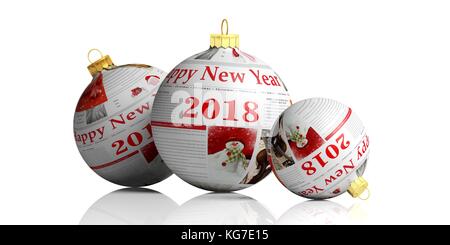Frohes neues Jahr 2018. Weihnachten Artikel auf Weihnachten Kugeln auf weißem Hintergrund. 3D-Darstellung Stockfoto