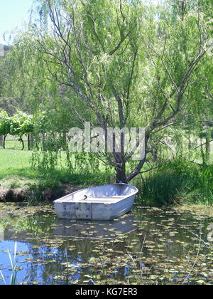 Eine Dose Boot auf ein Blatt-bedeckten Teich. Das Boot an einen Baum gebunden ist. Einige Weinreben in der Ferne sehen kann, plus Baum bewachsenen Hügeln. Stockfoto