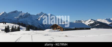 Alte Holz Hütte und schneebedeckte Berge schlauchhorn, oldenhorn und vorder walig. Stockfoto