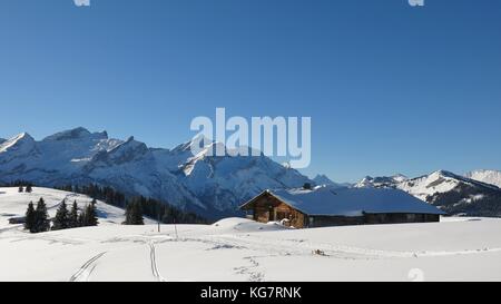 Alte Holz Hütte und schneebedeckten Berge. Berge schlauchhorn und oldenhorn. Stockfoto