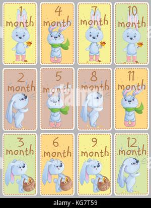 Einstellen des Monats gruss Etiketten mit niedlichen Baby Kaninchen, Baby Tiere, Herbst, Blätter, Schal für Scrapbooking, Baby Bekleidung, Aufkleber, Spiele. Stock Vektor