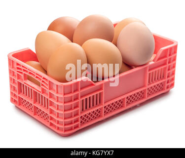 Volle Lebensmittelgeschäft Box mit Eiern auf weißem Hintergrund, Konzept der gesunden Lebensstil Stockfoto