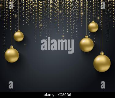 Grußkarte, Einladung mit ein Frohes neues Jahr 2018 und Weihnachten. Metallic gold Weihnachtskugeln, Dekoration, schimmernd, glänzend Konfetti auf schwarzem Hintergrund. Stock Vektor