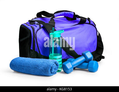 Sporttasche mit Sportgeräte isoliert auf weißem Stockfoto