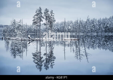 Malerische Landschaft mit See Reflexion und Schnee im Winter Abend Stockfoto