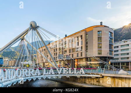 Andorra la Vella, Andorra - Oktober 28, 2017: Stadt Logo von Andorra la Vella, der Hauptstadt des Fürstentums Andorra Stockfoto