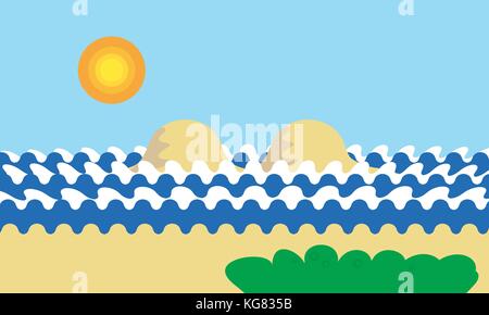 Berg cartoon Blick auf eine Insel im Meer mit Wellen, grünen Bäumen oder Gras unter einem blauen Tag Himmel mit Sonne, horizon-Vektor Stock Vektor