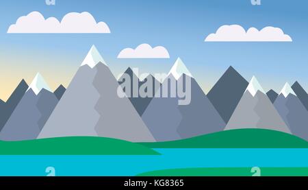 Berg cartoon Landschaft mit grünen Hügeln und Bergen mit Gipfeln unter Schnee, mit See oder Fluss vor Bergen unter blauen Himmel mit Wolken w Stock Vektor