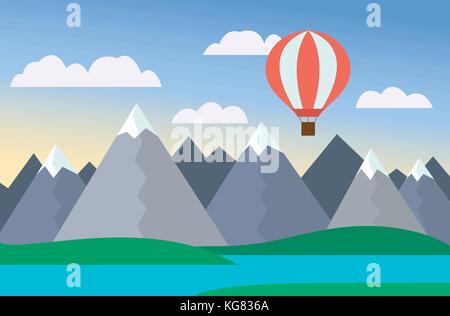 Cartoon bunte Vektor Illustration der Berglandschaft mit See und Hügel unter blauen Himmel mit Wolken und Red Hot-air Balloon Stock Vektor