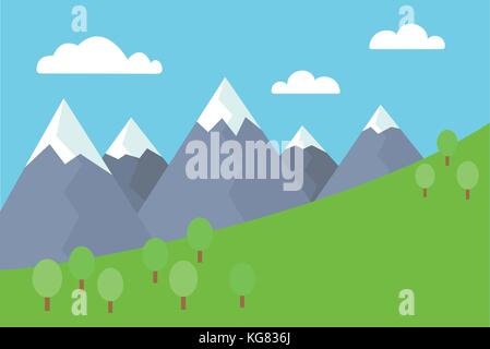 Cartoon bunte Vektor flachbild Abbildung: Berglandschaft mit Snow peaks mit Bäumen und Wiese unter blauem Himmel mit Wolken bedeckt Stock Vektor