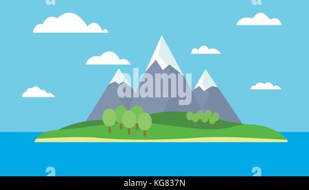 Berg cartoon Blick auf eine Insel im Meer mit grünen Hügeln, Bäumen und grauen Berge mit Gipfeln unter Schnee Tag unter einem blauen Himmel mit Wolken mit einer Stock Vektor