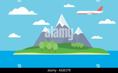 Cartoon Blick auf die Insel im Meer mit Berglandschaft mit roten flying Airliner mit Bäumen auf den Hügeln und Schnee auf den Gipfeln unter einem blauen Himmel Stock Vektor