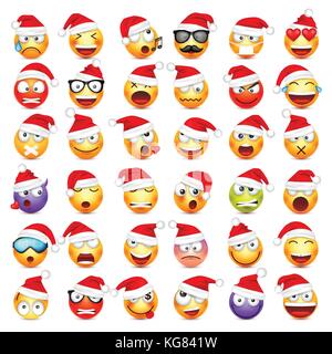 Smileys, Emoticons. gelbes Gesicht mit Emotionen und Weihnachten hat. Neues Jahr, Santa. Winter emoji. Traurig, glücklich, wütend Gesichter. lustige Cartoon Charakter. Stimmung. Vektor. Stock Vektor