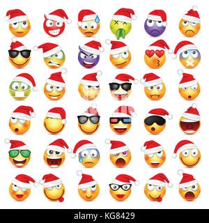Smileys, Emoticons. gelbes Gesicht mit Emotionen und Weihnachten hat. Neues Jahr, Santa. Winter emoji. Traurig, glücklich, wütend Gesichter. lustige Cartoon Charakter. Stimmung. Vektor. Stock Vektor