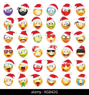 Smileys, Emoticons. gelbes Gesicht mit Emotionen und Weihnachten hat. Neues Jahr, Santa. Winter emoji. Traurig, glücklich, wütend Gesichter. lustige Cartoon Charakter. Stimmung. Vektor. Stock Vektor