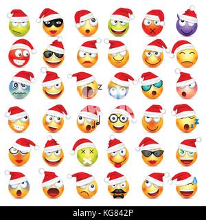 Smileys, Emoticons. gelbes Gesicht mit Emotionen und Weihnachten hat. Neues Jahr, Santa. Winter emoji. Traurig, glücklich, wütend Gesichter. lustige Cartoon Charakter. Stimmung. Vektor. Stock Vektor