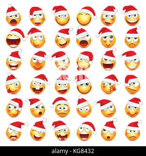Smileys, Emoticons. gelbes Gesicht mit Emotionen und Weihnachten hat. Neues Jahr, Santa. Winter emoji. Traurig, glücklich, wütend Gesichter. lustige Cartoon Charakter. Stimmung. Vektor. Stock Vektor