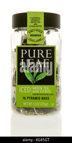 Winneconne, WI - 31. Oktober 2017: Ein Behälter mit Pure Leaf Teebeuteln auf einem isolierten Hintergrund. Stockfoto