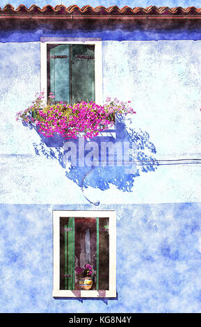 Digitale Kunst Aquarell: Blaues Haus Fassade in Burano, kleine Fisher Island in der Nähe von Venedig Stockfoto