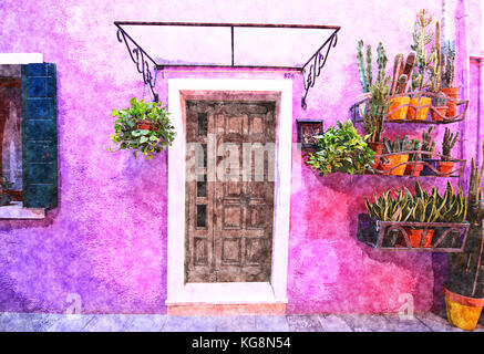 Digitale Kunst Aquarell: lila lackiert Hausfassade mit Topfpflanzen in Burano, kleine Fisher Island in der Nähe von Venedig Stockfoto