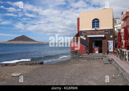 Die Playa Chica Restaurant und Bar, El Medano, Teneriffa, Kanarische Inseln, Spanien. Stockfoto