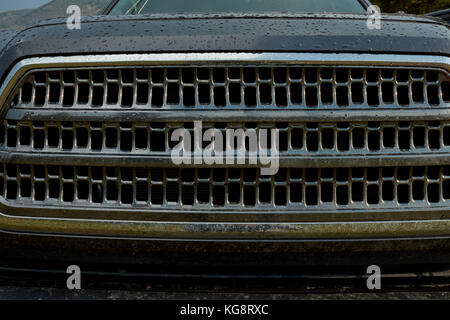 Front grille of a wet black 4WD vehicle with mesh design in a close up view Stockfoto