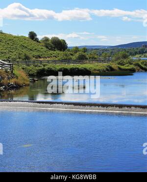 Wasser fließt über niedrige Damm auf quidi vidi See. Wanderweg am See, St. John's, Neufundland. Stockfoto