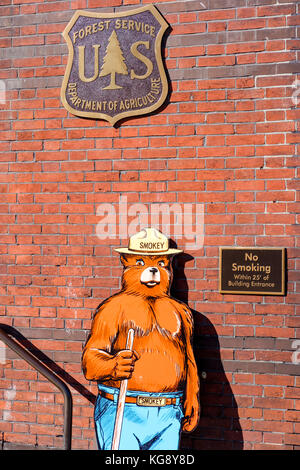 Smokey Bär Maskottchen Abbildung auf der Vorderseite des US Forest Service Gebäude in Washington, DC, Vereinigte Staaten von Amerika, USA. Stockfoto