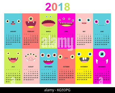 Monatskalender 2018 mit niedlichen Monster Gesichter von Grün, Blau, Gelb, Pink, Lila und roten Farben. Der Vektor senkrecht editierbare Vorlagen. EPS8 Stockfoto