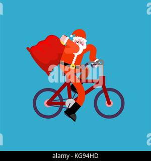 Santa Claus auf Fahrrad- und roten Tasche. Frohes neues Jahr. Weihnachten Vector Illustration Stock Vektor