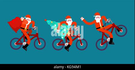 Santa Claus auf dem Fahrrad gesetzt. Rote Tasche und christma Baum. Frohes neues Jahr. xmas bmx Vector Illustration Stock Vektor