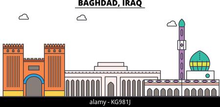 Bagdad, Irak Umrisse Skyline, arabischen flache dünne Linie Symbole, Wahrzeichen, Illustrationen. Bagdad, Irak Stadtbild, arabischen Reisen Stadt vektor Banner. städtischen Silhouette Stock Vektor