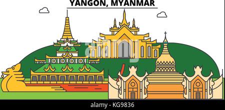 Yangon, Myanmar umreißen Skyline, Burma flache dünne Linie Symbole, Wahrzeichen, Illustrationen. Yangon, Myanmar Stadtbild, burmesische Vektor Reise Stadt Banner. Urbane Silhouette Stock Vektor