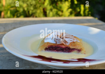 Scheibe ein leckeres Himbeer Torte in reiche Vanille Creme Stockfoto