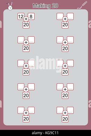 Möglichkeiten zu 20 machen, hinaus Arbeitsblatt für Kinder, Kindergarten Stock Vektor